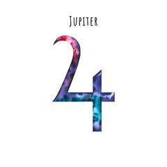 Obraz premium Watercolor symbol of Jupiter. Hand drawn illustration is isolated on white. Astrological sign is perfect for astrologer blog, horoscope background, astronomy design, cosmic card