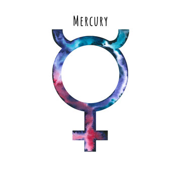 Watercolor symbol of Mercury. Hand drawn illustration is isolated on white. Astrological sign is perfect for astrologer blog, horoscope background, astronomy design, cosmic card