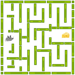 Children's educational game. A little cute mouse is looking for its cheese. Vector illustration.