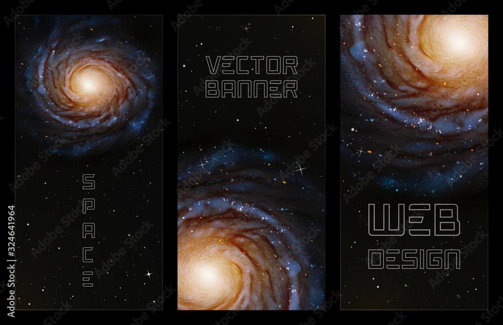 Sticker set of vertical banners with spiral galaxy in outer space. dark background with realistic astronomic