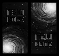 Set of vertical banners with spiral galaxy in outer space. Black and white background with realistic astronomical object in cosmos. Can be used for website. Elements of this image furnished by NASA © arvitalya