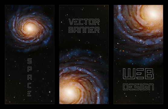 Set of vertical banners with spiral galaxy in outer space. Dark background with realistic astronomical object in cosmos. Can be used for website. Elements of this image furnished by NASA