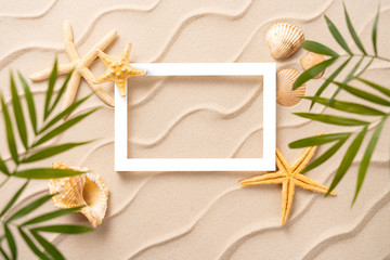 Fototapeta na wymiar Frame summer background, Sand shells Seastar with blurred Palm, vacation and travel concept, Flat lay top view copy space, minimal exotic concept