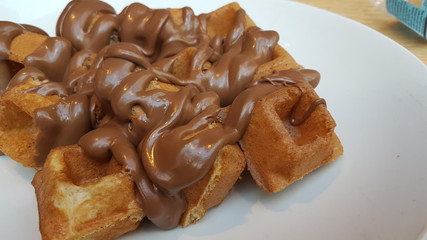 waffle chocolated hot  liquid on the plate