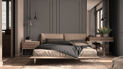 Minimal classic bedroom in gray tones with walk-in closet, double bed with duvet and pillows, side tables with lamps, carpet. Parquet and stucco walls, luxury interior design idea