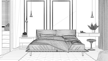 Blueprint project draft, minimal classic bedroom with walk-in closet, double bed with duvet and pillows, side tables and carpet. Parquet and stucco walls, luxury interior design idea