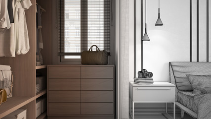 Architect interior designer concept: unfinished project that becomes real, minimal classic bedroom with walk-in closet, bed with duvet, side table with lamps, dresses, interior design
