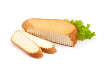 Smoked natural cheddar cheese, isolated on white background