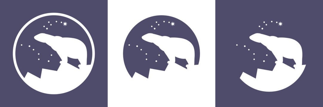 Polar Bear, Polaris, Arctic logo vector icon, white bear stay on the sea ice mountain under the northern sky, Ursa Major (Great Bear) and Ursa Minor (Little Bear) constellations, North Star, Pole Star