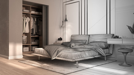Architect interior designer concept: unfinished project that becomes real, minimal classic bedroom with walk-in closet, bed with duvet, side tables and carpet, luxury interior idea