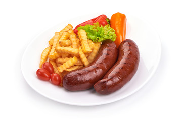 BBQ roasted pork sausages with french fries, isolated on white background