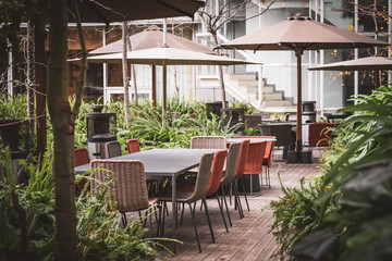 Tables and chairs of an outdoor coffee shop