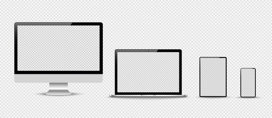 Set of compute, laptop, smartphone with empty screens. Design on transparent background. . Vector illustration