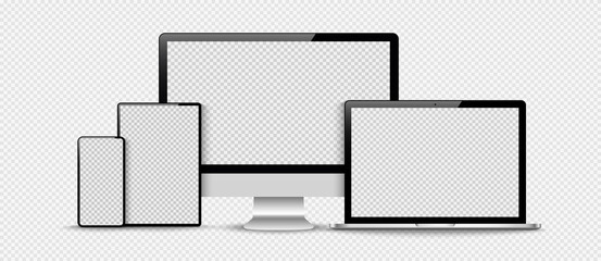 Set of compute, laptop, smartphone with empty screens. Design on transparent background. . Vector illustration - obrazy, fototapety, plakaty