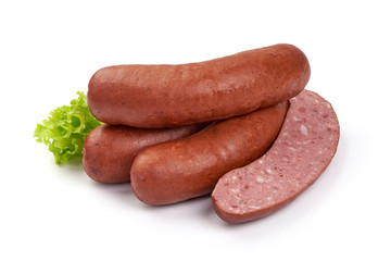 Smoked pork sausages, isolated on white background