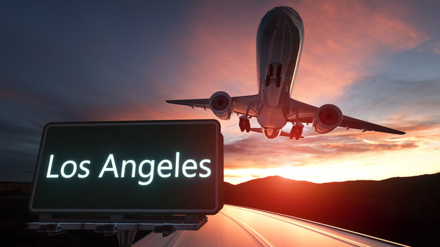 Los Angeles Green Road Sign And Airplane Above With Dramatic Blue Sky And Clouds. 3d Rendering