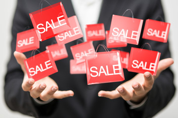 using white and red sales flying icons 3D rendering