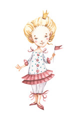 Watercolor hand painted Beautiful cute nursery princess ballerina baby girl with crown. Handpainted watercolour ballerina, adorable ballet girl in pink dress. Kids t shirt design, birthday invitation