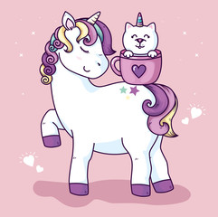 cute unicorn with cat unicorn in cup vector illustration design