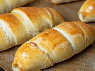 Close-up of sausages baked in dough on a baking sheet. Side view