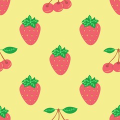 Seamless pattern with ripe berries of cherry and strawberry on a light yellow background. Colorful illustration. Suitable as packaging, print, fabric, paper