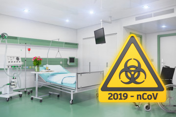 3d Illustration - gelbes Warnzeichen - 2019-nCoV - Krankenhauszimmer - Krankenhaus