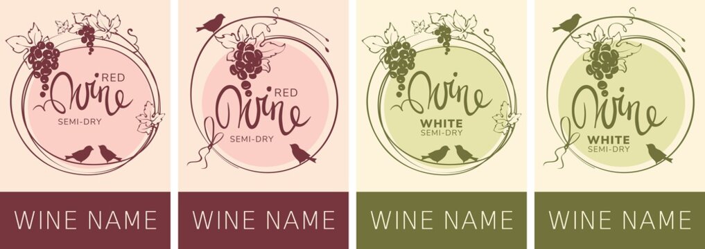 Wine labels with birds and grapes / Set vector illustration, floral design element