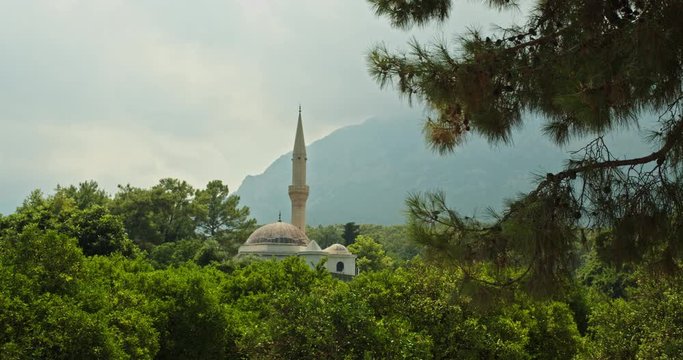 A small mosque with one minaret stands among the trees on the background of a high mountain.