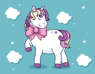 cute unicorn with bow ribbon and clouds decoration vector illustration design