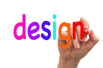 The word design written on whiteboard in colorful letters