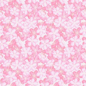 Beautiful pink cherry blossoms. Blooming spring background.  Seamless pattern. Texture for fabric, wrapping, wallpaper. Decorative print.Vector illustration