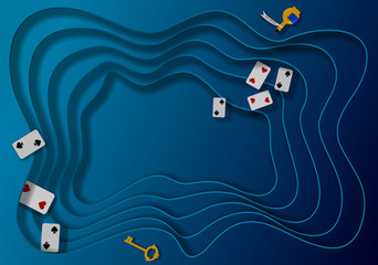 Wonderland fantastic landscape with card, key, poison in rabbit hole. Vector illustration, cut paper background