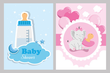 set of baby shower cards with cute decoration vector illustration design