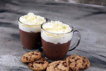 hot chocolate with cocoa and chocolate chip cookies and whipped cream