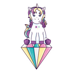 cute unicorn fantasy in diamond isolated icon vector illustration design