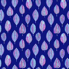 Hand drawn tribal pattern. Color boho style doodle background. Creative seamless pattern with beautiful bright abstract leaves. Colorful texture for any kind of design. Graphic abstract background. 