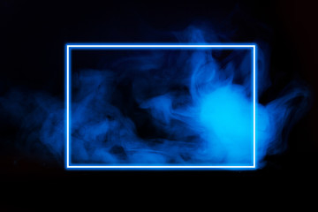 Abstract neon light smoke effect with neon frame on black background. Smoke cloud explosion.