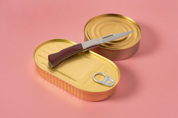 Folding tourist knife and closed packagings of canned food on pink background