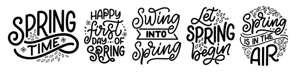 Set with Spring time lettering greeting cards. Fun season slogans. Typography posters or banners for promotion and sale design. Calligraphy prints. Vector