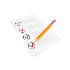 Vector red check mark symbol and icon on checklist with pencil for approved design