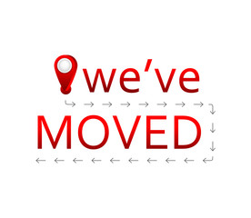 We have moved. Sign in flat style with pin. Vector illustration isolated on white background.