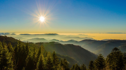 Amazing panorama background banner from a fog landscape with sunset  in the evening in black forest