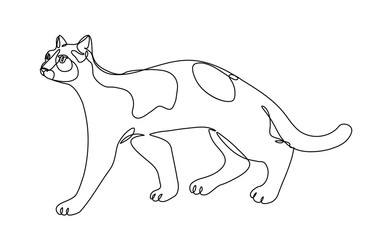 ordinary spotted cat,  home pet, for an emblem, logo, ornament or decoration element, vector illustration with a black contour single line isolated on white background in hand drawn style