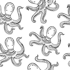 Hand drawn octopus coloring vector pattern for children and adults. Seamless background for wallpapers, postcards and posters. Black and white. Underwater world.