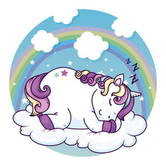 cute unicorn sleeping in cloud kawaii style vector illustration design
