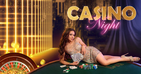 Female in golden dress. Holding money, lying on table with stacks of chips, cards on it. Colorful...