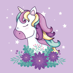 Obraz na płótnie Canvas head of cute unicorn fantasy with flowers decoration vector illustration design