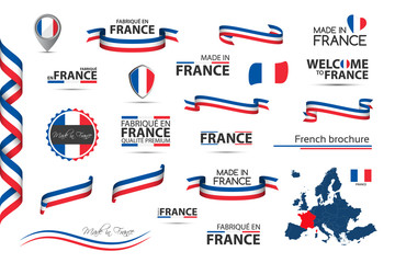 Big set of French ribbons, symbols, icons and flags isolated on a white background, Made in France, Welcome to France, premium quality, French tricolor, set for your infographics and templates