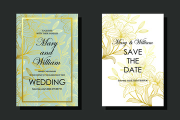 Set of wedding cards in delicate color. lily flowers in gold. eps10 vector stock illustration.