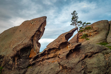 Mountain landscape with cliffs of an unusual shape. Mountains of Kent. Kazakhstan
